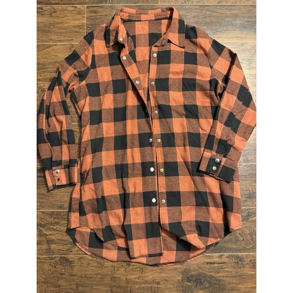 Women's Oversized Button-Down Buffalo Plaid Shirt - Orange & Black